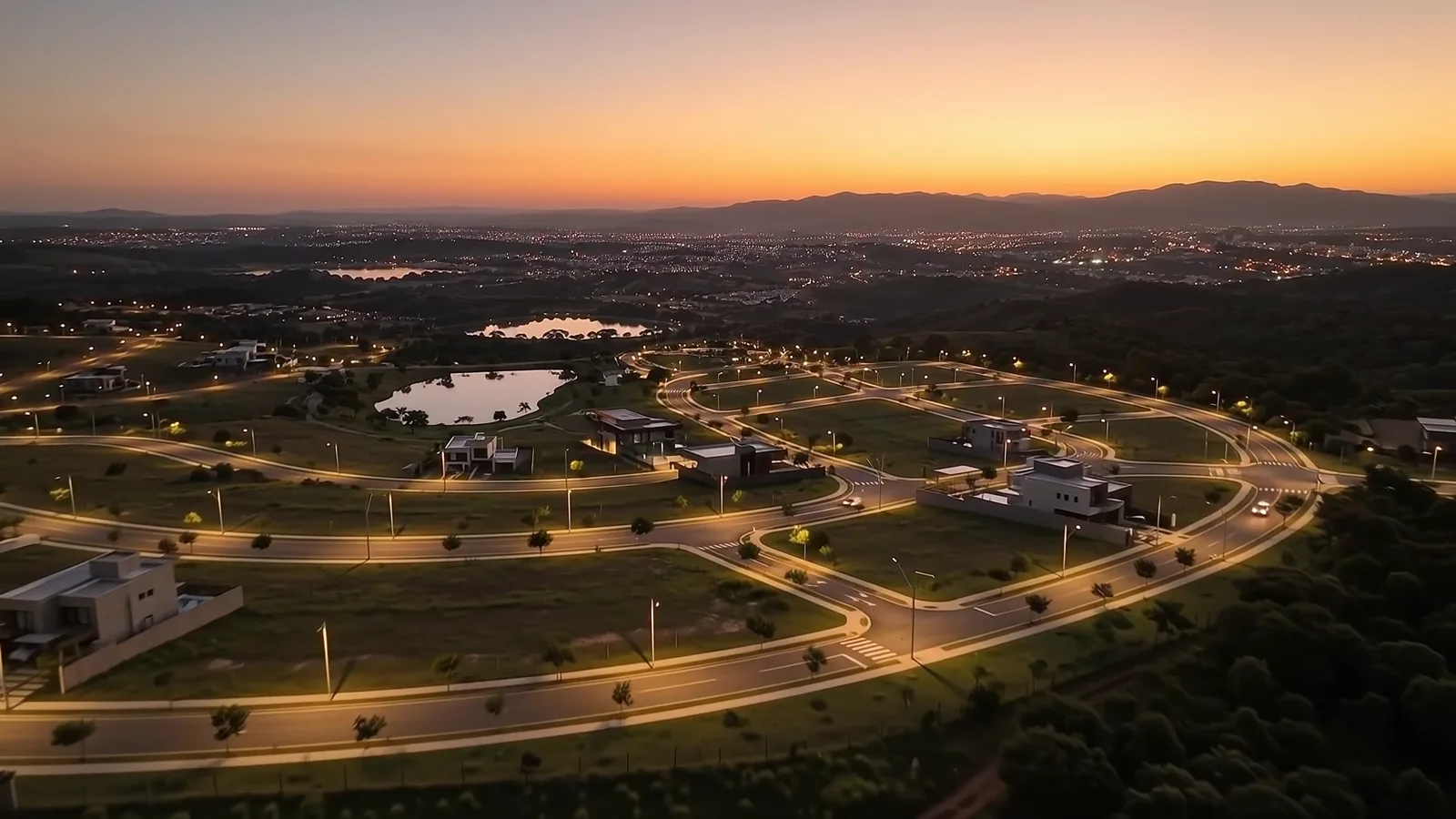 Vista aérea ilustrativa de um loteamento ao entardecer, com ruas iluminadas e áreas verdes.